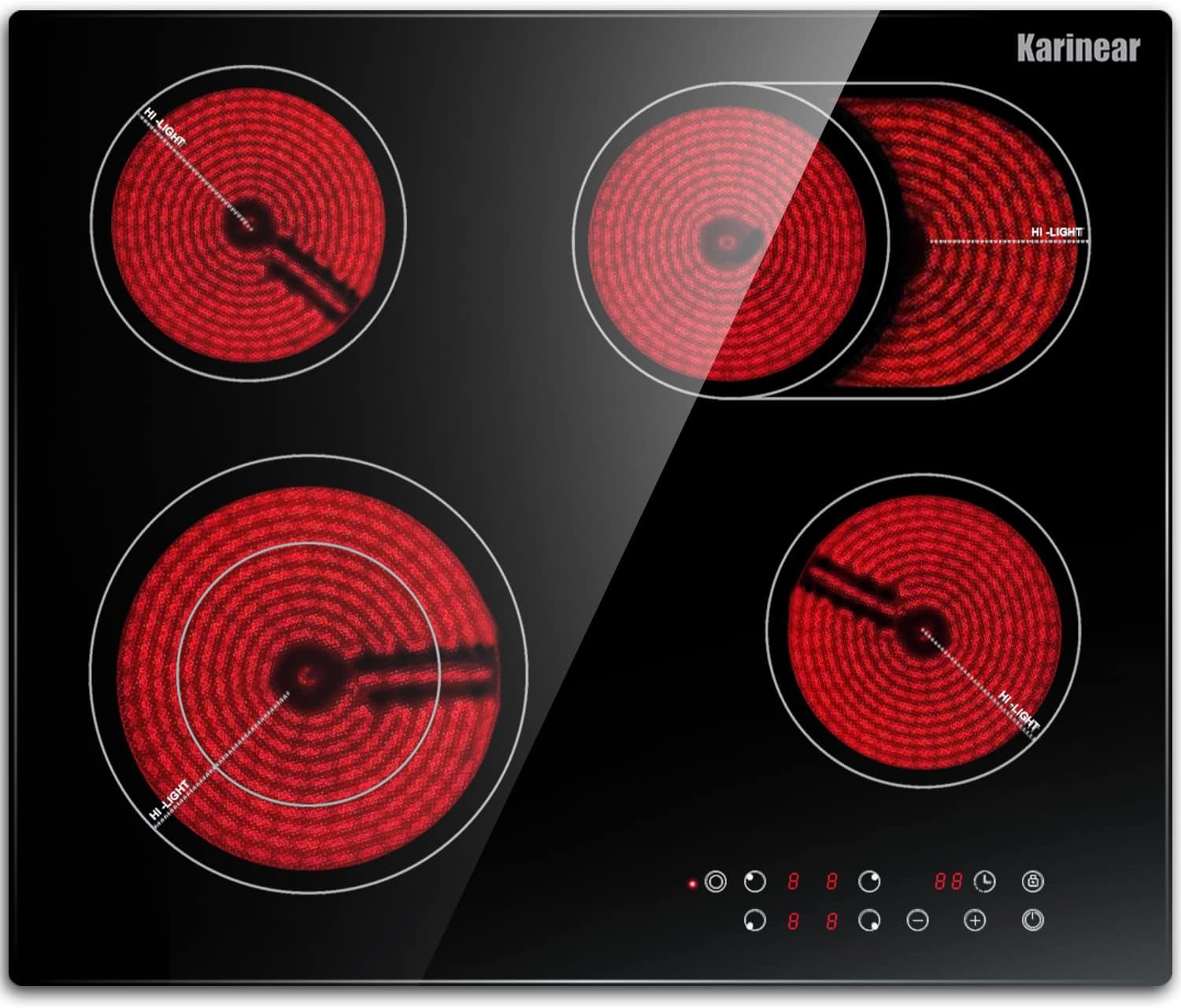 Karinear Placa Vitrocerámica 4 Fuegos, 60cm Placa Cocina con a Ampliar Placa Cocción Eléctrica, Vitroceramica Encastrable 6600W, Control Temporizador, Sin Enchufe