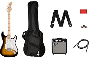 Squier by Fender Sonic Stratocaster Electric Guitar Pack, Maple Fingerboard in 2 Colour Sunburst, Gig Bag, Squier Frontman 10W Guitar Amp, Picks, Strap, Cable, Comes with Free Virtual Lessons