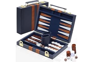 YUJUVI Jeu de Backgammon en Bois avec Étui en Cuir de Qualité Supérieure et Kit de Backgammon de Voyage Portable (Bleu) - Pour 2 Joueurs à partir de 8 ans