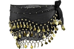 Wisebom Ceinture Danse Orientale Femme, Écharpe de Hanche en Mousseline avec 128 Pièces d'or, Jupe de Danse du Ventre (FR/ES, Alpha/Lettres, Taille Unique, Taille Normale, Taille Normale, Noir)