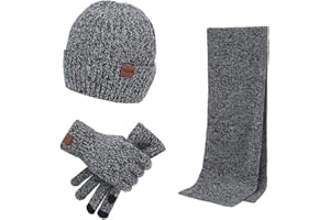 YULOONG Winter Beanie Mütze Schal Touchscreen Fahrhandschuhe 3 in 1 Set für Herren Damen Rippstrick