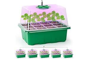 Bonviee 5 Packs Seed Starter Tray with Plant Light, Elevated Seedling Starter Trays Kits with Adjustable Humidity Domes and Clear Cell Tray, 12 Full Spectrum led lamp Beads for Plants Indoor-Green