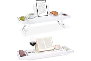Navaris Pont de Baignoire Extensible Bambou - Plateau de Bain ou lit avec Pied Pliable - Support Tablette Livre téléphone Verre - Rangement Amovible