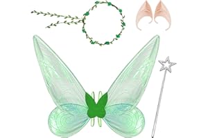 AUNHOKE Alas de Hadas para Adultos y Niños, Alas de Mariposa Verdes con Varilla de Hadas, Alas de Elfos para Mujer y Niña, para Disfraz Alas, Carnaval, Fiestas Cumpleaños, Halloween, Cosplay