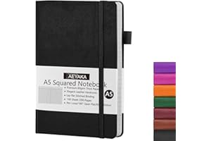 AEYAKA Notatnik w kratkę A5, format A5, w kratkę, twarda okładka i elastyczne zamknięcie, uchwyt na długopisy, etui ze skóry PU, gruby papier 80 g/m², 15 x 21 cm