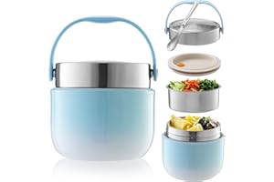BUCOMTU Thermos per Alimenti 1200 ml Contenitore Termico per Alimenti con Cucchiaio Pieghevole Porta Pappa Termico per conservare zuppe, porridge,Riso (Blu)