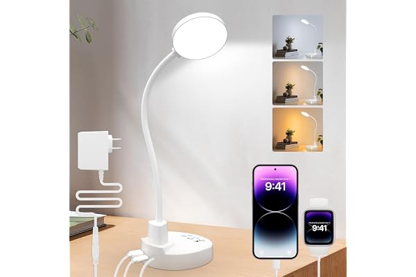 ZAPLIT Lámpara de escritorio LED de 15W con USB-A y USB-C – Regulable, 3 temperaturas de color, 5 niveles de brillo, 4 temporizadores, cuello de cisne flexible de 360°, protección de los ojos