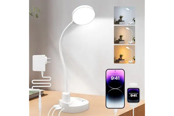ZAPLIT Lámpara de escritorio LED de 15W con USB-A y USB-C – Regulable, 3 temperaturas de color, 5 niveles de brillo, 4 temporizadores, cuello de cisne flexible de 360°, protección de los ojos
