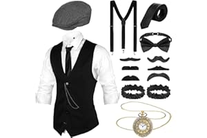 BLULU Set de Accesorios de Disfraces de Gatsby 1920 para Hombres Accesorios de Disfraz de Gángster Chaleco Sombrero de Vendedor de Periódicos Reloj de Bolsillo Corbata