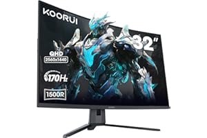 KOORUI Monitor do gier 32 cali, 2K QHD (2560x1440), 170 Hz, 1 ms, 1500R, VA, HDR 10, 2x HDMI (170 Hz lub 144 Hz), DP (170 Hz), AdaptiveSync, DCI-P3 90%, SRGB100%, VESA 75x75 mm, Ochrona oczu