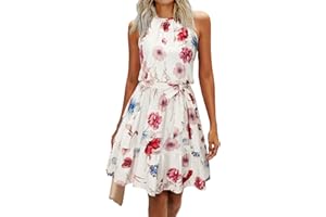 Newshows Women's Summer Halter Neck Dresses Floral Print/Solid Sleeveless Ruffle Party Sundress with Pockets