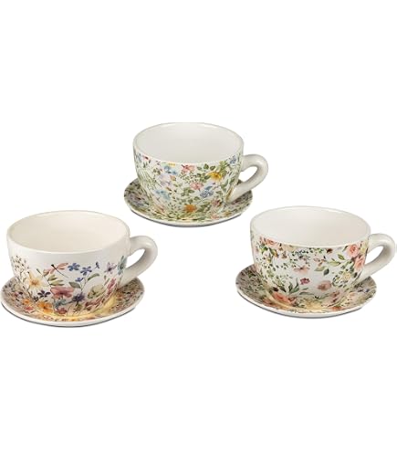 Seyila Home Pflanztasse aus Keramik mit Unterteller, Blumentopf in Tassenform, Deko-Pflanzgefäß,Pflanzkübel, Blumentopf in versch. Größen und Designs (Tulpe, 25 cm) Garten
