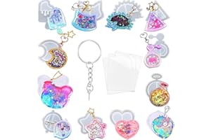 LANFLY 25 PCS Quicksand Resin Kit 12 Silicone Mould for DIY Keychain Crystal Pendant Hanging Ornaments Jewelry Making with 3 Seal Films and 10 Keyring for Unisex Handmade Gift Epoxy Casting Mould Craft