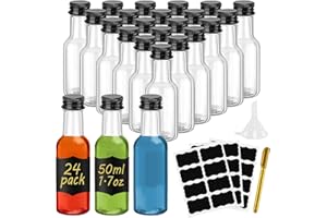 WenYa Paquete de 24 mini botellas de licor, botella de plástico pequeña vacía de 50 ml con tapas (tapas de rosca negras a prueba de fugas), botellas de alcohol en miniatura reutilizables con etiquetas