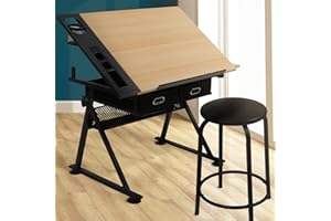 VENDOMNIA Zeichentisch mit 2 Arbeitsflächen - höhenverstellbar, neigbare Tischplatte, inkl. Hocker und 2 Schubladen, Holzoptik Schwarz - Schreibtisch, Architektentisch, Bürotisch für Architekten und Techniker