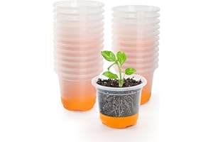 MIXC Pots de Pépinière Réutilisable,24 Pièces 10cm Pot de Fleur Plastique Transparents Godets Semis avec Base en Silicone Pots de Culture pour Plantes,Orange