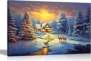 Artley Prints - Country House Christmas Trees and Deers Canvas Art Prints Oil Painting Reprint Framed and Ready to Hang Large 86 x 61cm (34 x 24 inches) A1