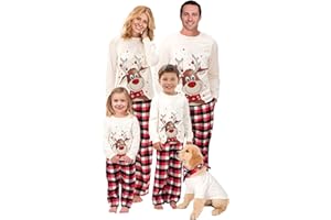 BTONGE Weihnachten Familie Pyjama Set Lange Sleepwear Nachtwäsche Ärmel Niedlich Elch Druck Rundhal Sausschnitt Plaid Schlafanzug Family Loungewear Outfit Geeignet Für Damen Herren Kinder und Baby Beige