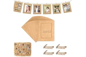 Hexizexi 40 Stück 7 Zoll Papier Bilderrahmen 13.5x18.5 cm Braun Fotogirlande mit 40 Holzklammern und 4 Rollen Hanfschnur Fototaschen zum Aufhängen Geeignet für Geburtstage Hochzeiten Wanddekoration