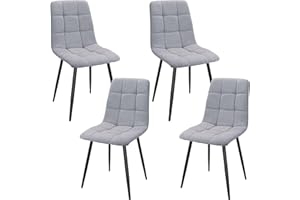 JIJIAN Set of 4 Dining Chairs, Linen Kitchen Chair, Living Room Chairs with Upholstered Seat Backrest and Sturdy Black Metal Legs, Checkerboard Pattern (Grey)