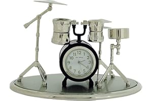 THE EMPORIUM MINIATURE CLOCKS Miniature Drum Kit Novelty Silvertone & Black Coating Collectors Clock 9078