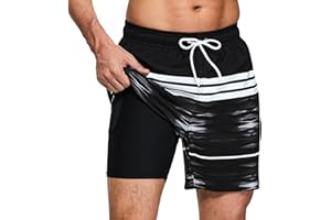 outfit spring Kąpielówki dla mężczyzn z kompresyjną podszewką z siateczki, 2 w 1, szybkoschnące, krótkie, regulowane, ze ściągaczem, kieszeniami, spodenki do pływania, na plażę, do surfowania