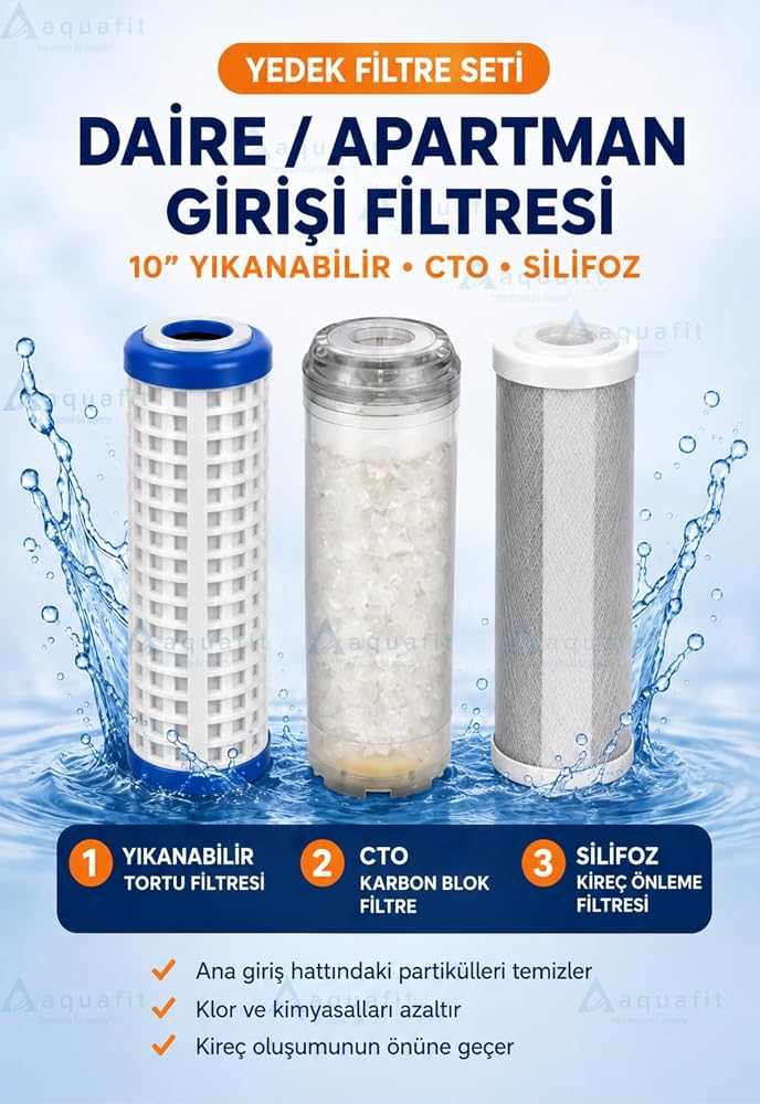 Aquafit Bina Daire Girişi Su Arıtma 3'lü Yedek Filtre Seti 10 İnç – Yıkanabilir Blok Karbon ve Silifoz Kireç Önleyici Filtre
