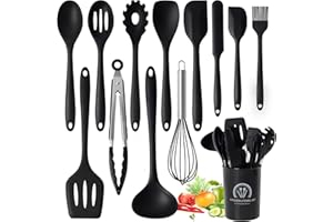 Omtofo 13 Stücke Küchen Kochutensilien Set, Silikon Küchenhelfer Set mit Utensilienhalter, Hitzebeständiger Kochbesteck Set, Spülmaschinenfest(Schwarz)