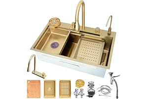 DSMRLEOP Fregadero de cocina en cascada dorado, 75x45cm lavabo individual de acero inoxidable nano con grifo extensible dorado, juego completo de accesorios, estación de trabajo multifuncional