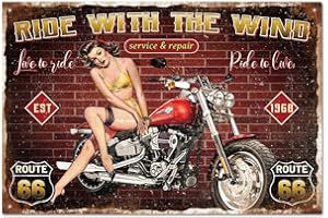 GLOBLELAND Plaque en Métal "Ride With The Wind" pour Garage Moto Femme Panneaux de Garage Panneaux de Jardin Plaque Artistique Décoration Murale pour Maison Cuisine Bar Club Café Verger