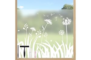 Conkov Fensterfolie Transluzent Matte Sichtschutzfolie, Vinyl, Selbstklebend, Wiederverwendbar Dekorative Glasfolie für Küche, Wohnzimmer, Badezimmer, Löwenzahn Muster, 44,5 x 200 cm mit Werkzeug