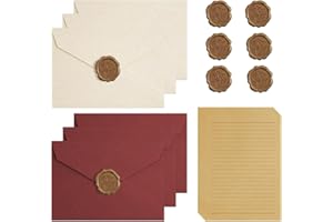 AOOSU L'ensemble de Papeterie Vintage Papier, 10 Feuilles de Papier à Lettre Kraft Vintage A5, 6 Enveloppes en lin et 6 Autocollants de Sceau en Cire, pour Invitations Anniversaire Mariage Cartes