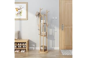 KungFuWood Appendiabiti da Ingresso Indipendente, Appendiabiti da Terra Legno Albero con 3 Ripiani e 9 Ganci, Robusto e Facile da Montare Appendiabiti da Terra, Adatto per Corridoi (Naturale colore)