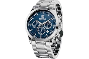 BY BENYAR Orologio Uomo Cronografo Movimento al Quarzo Impermeabile Orologio Uomo Elegante Sportivo Moda Business Orologi da Polso Regalo da Uomo Cinturino in Pelle/Acciaio Inox