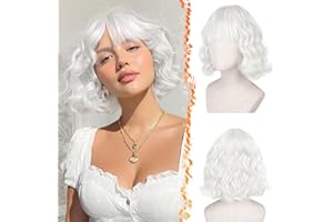 ‎BARSDAR BARSDAR Kurze Gewellt Weiße Perücke mit Pony, Kurze Lockige Welle Bob Perücke Texturierte French Bob Perücken mit Pony für Frauen Synthetische Natürlich Haar Perücken Party Cosplay Halloween