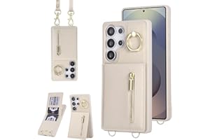 Jcxtrombulous Hülle für Galaxy S25 Ultra Hülle Stoßfeste Handyhülle mit Verstellbarer Halskette RFID Reißverschluss Geldbörse Etui mit Kartenfach mit Band Ring Ständer Case für Frauen-Beige