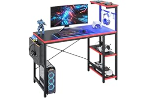 Bestier 113CM Reversible Corner Gaming Desk with RGB LED Lights, Black Carbon Fibre Surface, Storage Shelves, Side Pocket & Hooks, Compact Computer Desk for Small Spaces & Home Office