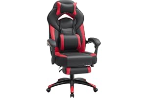 ‎SONGMICS SONGMICS Ergonomiczny fotel dla gracza, fotel do gier, fotel biurowy, z teleskopowym podnóżkiem, regulowany zagłówek, podparcie lędźwiowe, nośność 150 kg, czerwony i czarny OBG77BR