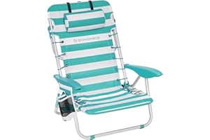 ‎SONGMICS SONGMICS Strandstuhl, Campingstuhl, Klappstuhl, Outdoor-Stuhl, tragbar, mit Schultergurten, klappbar, verstellbare Rückenlehne, mit Kopfstütze, Armlehnen, 2 Seitentaschen, grün-weiß GCB62JW