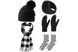 QUNKUN Zestaw czapek, szalika i rękawiczek dla kobiet, czapka zimowa, szalik, rękawiczki, damska czapka, długi szal, rękawiczki dotykowe, skarpety, nauszniki, zestaw 5 w 1, damska czapka zimowa, rękawiczki
