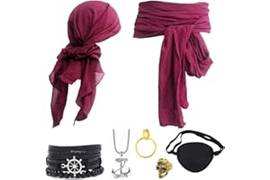 Ginkago 7PCS Accessoire Deguisement Pirate Homme et Femme Accessoires de Costume Pirate avec Ceinture Bandana Cache Oeil Pirate Boucles d'Oreilles Collier Bracelet Bague