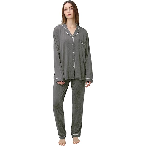 Ekouaer Damespyjama, lang, tweedelige pyjamaset met knoopsluiting Ekouaer Damespyjama, lang, tweedelige pyjamaset met knoopsluiting