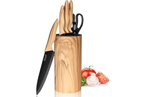 hecef Bloc Couteaux 6 Pièces avec Bloc Universel, Couteaux de Cuisine En Acier Inox, Couteau de Chef & Santoku, Ultra Tranchant, Manches Ergonomiques, Lames Noires Antiadhésives, Maison et les Cadeaux
