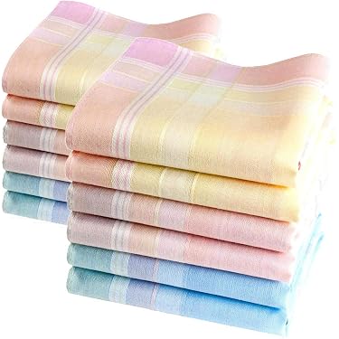 Lot De 12 Mouchoirs En Tissu 100% Coton - 28x28 Cm - Bleu, Rose, Beige - Doux Et Absorbants - 6
