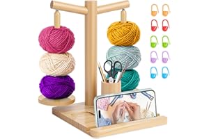 SelfTek Yarn Holder - Magnetic Yarn Holder for Crochet Wooden Dual Wool Holders with Phone Stand and Knitting Accessories Organiser Wool Ball Dispenser Rotating Tool