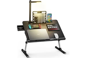 Laptop Table, Lapdesk, SAIJI Bed Desk with 3 Modes LED Light, Height Adjustable, with Book Stand, Drawer, Tablet Slot, For Read, Study, Work, Drawing, Breakfast (Black 23.6 * 17.7'')