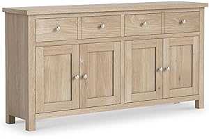 ROSELANDFURNITURE Farrow Oak Extra Large Sideboard Cabinet for Living Room | Roseland Furniture Fully Assembled Washed Oak 4 Door Solid Wooden Storage Cupboard with Oak Top 2 Drawers for Hallway or Dining Room