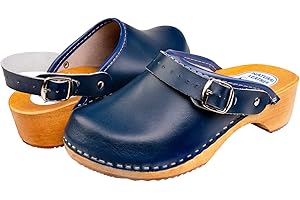 PAFOLI Women’s Leather Clogs - Natural Swedish Handmade Wooden Sole Sandals Easy Fit with Strap Buckle in Smooth Finish Available in All UK Sizes