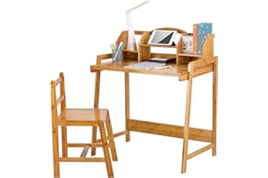 Clevich Kids Table and Chair Set, Height Adjustable, Bamboo Wood Desk with Chair, Storage Space, Book Holder for Children aged 3-10, Student Writing Desk for Bedroom & Study Room, Yellow