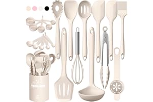 TERLULU Silikon Küchenhelfer Set, 22 Stück Kochutensilien Kochgeschirr, Hitzebeständiger Kochbesteck Set mit Utensilienhalter, Gesund & Antihaft, Spülmaschinengeeigne - Khaki